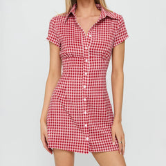 Plaid Short Sleeve Button Mini Dress