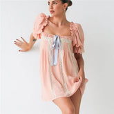 Square Neck Bow  Puff Short Sleeve Babydoll Mini Dress