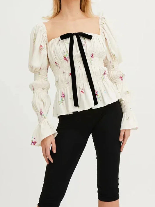 Bow Tie Floral Print Long Sleeve Ruched Blouse