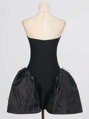 Black Strapless 3D Flower Flare Mini Dress
