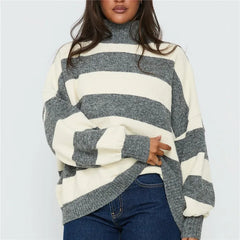 Grey Turtleneck Striped Knit Jumper
