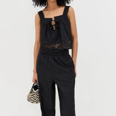 Black Square Neck Lace Embroidery Hem Top