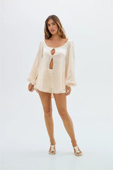 Long Sleeve Slit Blouse And Shorts Matching Set
