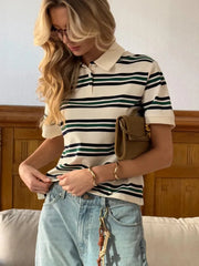 Retro Striped Short Sleeve Polo Neck T-shirt