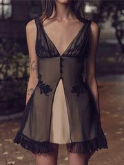 Black Sheer Layer V-neck Embroidery Ruffled Hem Mini Dress