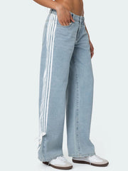 Low Rise Jeans Side Stripe Tie Bow Straight Leg Denim Pants