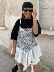 White Lace Printed Strap Long Top