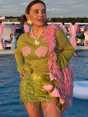 Knit Sheer Shell Embroidered Long Sleeve Round Neck Top