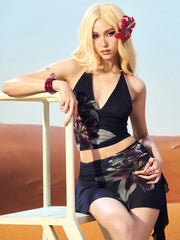 Black Flower Print Halter Tank Tops And Tassel Mini Skirts Set
