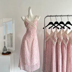 Pink Printed Frill Strap Midi Dress