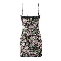 Rose Floral Print Bodycon Spaghetti Strap Mini Dress