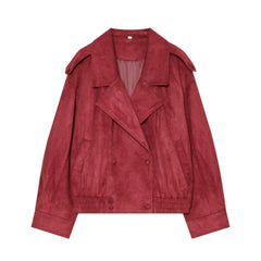 Red Faux Suede Double Breasted Moto Jacket