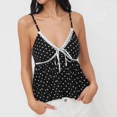 Lace Trim Polka Dot Babydoll Top