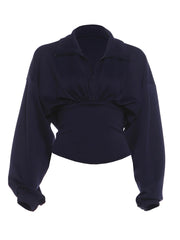Blue Snitched Waist Turn-Down Collar Full Sleeve Top
