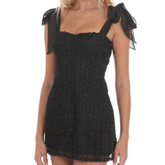 Tie Up Embroidery Black Mini Dress
