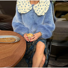 Ruffled Peter Pan Collar Fur Coat