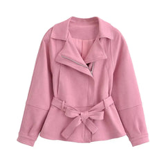 Pink Faux Suede Lapel Collar Belted Jacket