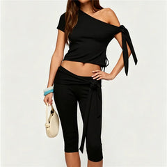 Off Shoulder Tie Sleeve Crop Top and Tie Waist Capri Pants Set