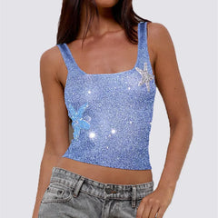 Women's Y2K sequined star patchwork cropped tank top.