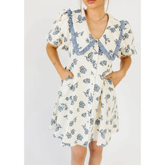 Floral Print Ruffled Trim Doll Collared Mini Dress