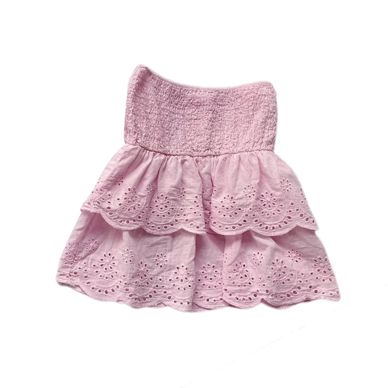 Pink eyelet ruched tube top for women.