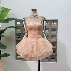 Mesh Fishbone Strapless Lace Up Mini Dress
