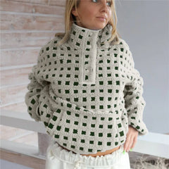 Long Sleeve Stand Collar Checkered Pullover Jacket