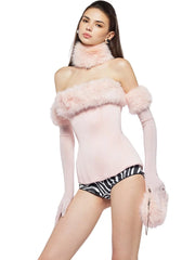 Furry Trim Strapless Top With Gloves