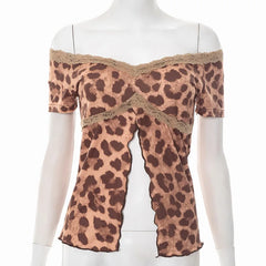 Off-shoulder Leopard Print T-shirt