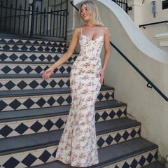 White Floral Corset Print Maxi Dress