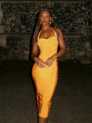 Orange Bandage Halter Midi Dress