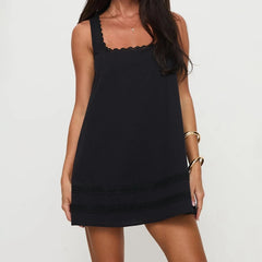 Lace Trim Square Neck Babydoll Mini Dress