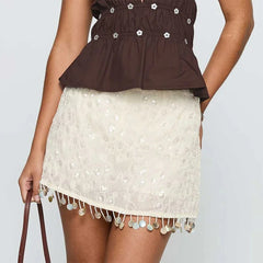 White Pencil Sequin Jacquard Tassel Mini Skirt