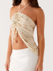 Sequin Embroidery Drawstring Crop Top