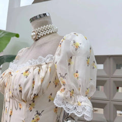Floral Puff Sleeve Square Collar Mini Dress