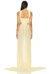 Yellow Patchwork Ruched Slit Wrap Around Sleeve Midi Dress