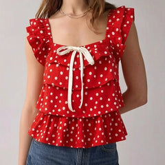 Polka Dot Square Neck Bow Tie Sleeveless Layered Blouse