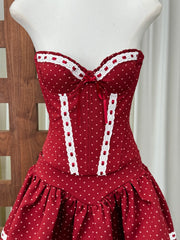 Dotted Strapless Lace Trim Corset Top And Mini Skirt Set
