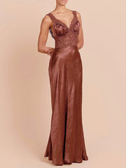 Brown Lace Patchwork Satin Strap Maxi Dress