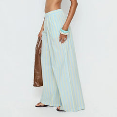 Blue Striped Elasticated Waist Wide Leg Pants