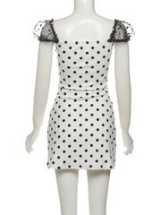 White Polka Dot Lace Sleeves Black Bow Mini Dress
