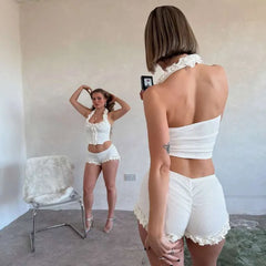 White Ruffle Frill Trim Crop Top And Bloomers Shorts Set