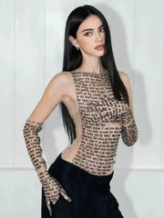 Mesh Letter Printed O-Neck Tank Top With Gloves