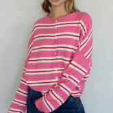 Striped Button Up Long Sleeve Crew Neck Sweater
