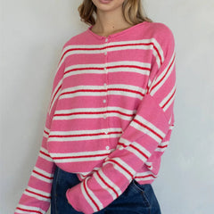 Striped Button Up Long Sleeve Crew Neck Sweater