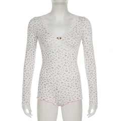 White Floral Print Long Sleeve Lace Trim Jumpsuit