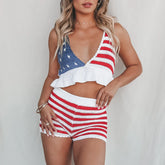 American Flag Knit Halter Crop Top And Shorts Set