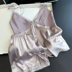 Satin Lace Bow Cami Top And Shorts Pijamas Set