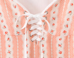 Orange Floral Stripes Print Lacing up Short Puff Sleeve Mini Dress