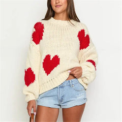 Heart Print Round Neck Knitwear Pullover